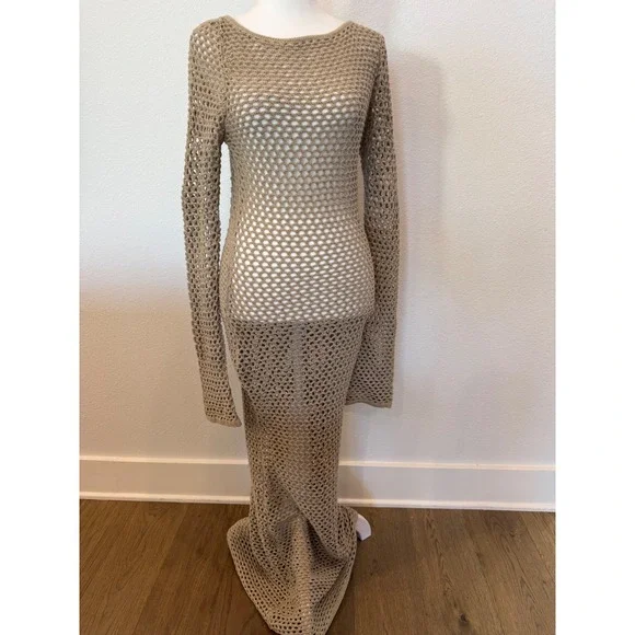 Babyboo Moana Crochet Knit Maxi Dress Backless Long Sleeve Beige S‎ Small - Picture 3 of 7